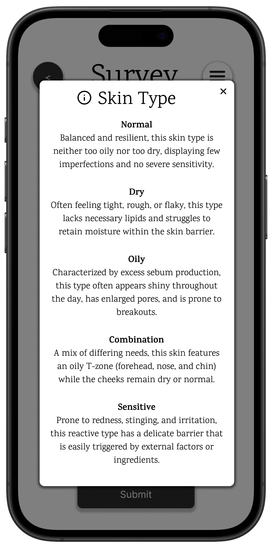 Information about skin types.